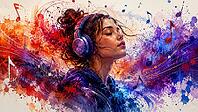 Girl with headphones surrounded by colorful music notes and vivid color explosions, AI generated [IBR125026404]