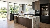 A spacious, contemporary kitchen featuring a large marble island, sleek dark wood cabinets, and expansive windows overlooking a lush garden, AI generated [IBR125026406]