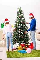 Young family celebrating christmas at home [IBR125053205]