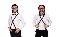 Man wearing suspenders isioated on white [IBR125053269]