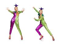Woman wearing clown costume isolated on white [IBR125075730]