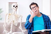 Student studying with skeleton preparing for exams [IBR125094354]