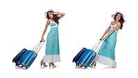 Woman traveller with suitcase isolated on white [IBR125094407]