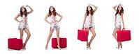Woman traveller with suitcase isolated on white [IBR125094430]