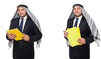 Arab businessman with notes isolated on white [IBR125117977]