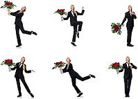 Businesswoman with bunch of flowers isolated on white [IBR125117985]