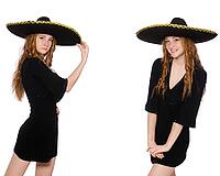 Young redhead lady in black dress with black sombrero [IBR125118005]