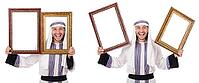 Arab man with picture frame isolated on white [IBR125118061]