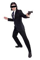 Young man with covered eyes and gun isolated on white [IBR125141707]
