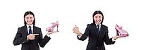 Man with woman shoes isolated on white [IBR125141742]