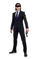 Young man with covered eyes and gun isolated on white [IBR125141743]