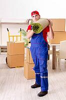 Young contractor with boxes working indoors [IBR125141762]