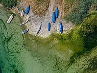 Lake Constance shore on the island of Reichenau with boats and swimmers. The bottom of the lake can be seen in many shallow water zones. The water level of Lake Constance is currently low for the time of year. Reichenau, Baden-Württemberg, Germany [IBR125163340]