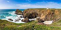 The chapel of Saint-They stands on the rocky headland of Pointe du Van in Cléden-Cap-Sizun, Finistère, Brittany, France. Its stone walls and low profile overlook the Atlantic Ocean, surrounded by exposed cliffs, coastal vegetation and open sea beneath nat [IBR125163358]