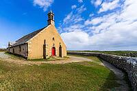 The chapel of Saint-They stands on the rocky headland of Pointe du Van in Cléden-Cap-Sizun, Finistère, Brittany, France. Its stone walls and low profile overlook the Atlantic Ocean, surrounded by exposed cliffs, coastal vegetation and open sea beneath nat [IBR125163366]