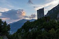 Torri di Fraele, historic watchtowers, with clouds at dusk, Valdidentro, Sondrio, Italy [IBR125163381]