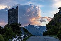 Torri di Fraele, historic watchtowers, with clouds at dusk, Valdidentro, Sondrio, Italy [IBR125163385]