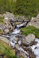 Wooden bridge over mountain stream, Torrente di Val Campaccio, climb to Lake Campaccio, Monte, Valdisotto, Sondrio, Italy [IBR125163426]