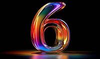 A colorful number 6 is floating in the air. The number is made of a translucent material, giving it a unique and artistic appearance. AI generated [IBR125167381]