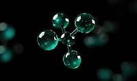 A teal glossy molecule model with interconnected spheres against a dark background. AI generated [IBR125167386]