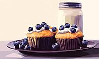Yogurt-topped blueberry muffins on a dark ceramic plate. AI generated [IBR125167387]