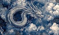 Deep blue Chinese dragon with silver accents on a silver background. AI generated [IBR125167389]