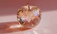 A shiny apple made of glass sits on a pink surface. The apple is cut in half, revealing its core. The glass apple is a beautiful. AI generated [IBR125167392]