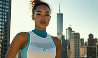 Woman wearing a white and teal sports top, set against a sunny city skyline background. AI generated [IBR125167400]