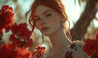 Woman with muted red hair, silver drop earrings, holding red geraniums. AI generated [IBR125167401]
