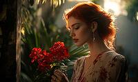 Woman with muted red hair, silver drop earrings, holding red geraniums. AI generated [IBR125167402]