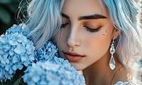 Woman with soft sky-blue hair, silver drop earrings, holding a bunch of pastel blue hydrangeas. AI generated [IBR125167403]