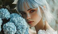 Woman with soft sky-blue hair, silver drop earrings, holding a bunch of pastel blue hydrangeas. AI generated [IBR125167404]