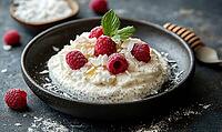 Yogurt and honey-topped chia pudding with raspberries and coconut on a rustic dark plate. AI generated [IBR125167406]