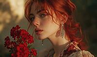 Woman with muted red hair, silver drop earrings, holding red geraniums. AI generated [IBR125167407]