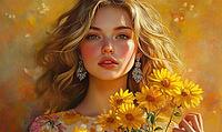 Woman with honey-blonde hair, silver earrings, holding warm yellow daisies. AI generated [IBR125167410]