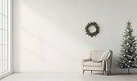 Simple, white-walled room with a single, small green fir wreath on the wall. AI generated [IBR125167413]