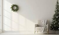 Simple, white-walled room with a single, small green fir wreath on the wall. AI generated [IBR125167414]