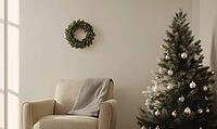 Simple, white-walled room with a single, small green fir wreath on the wall. AI generated [IBR125167415]