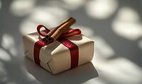 Small, wrapped present with a red ribbon and a cinnamon stick on top, placed on a white background. AI generated [IBR125167418]