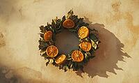 Small wreath of dried orange slices and green leaves, hanging on a beige wall. AI generated [IBR125167419]