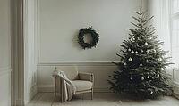 Simple, white-walled room with a single, small green fir wreath on the wall. AI generated [IBR125167420]