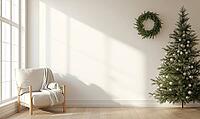 Simple, white-walled room with a single, small green fir wreath on the wall. AI generated [IBR125167421]