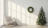 Simple, white-walled room with a single, small green fir wreath on the wall. AI generated [IBR125167422]