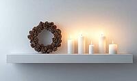 Modern white mantle with a single pinecone wreath and a few white candles. AI generated [IBR125167423]