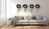 Scandinavian living room with natural wood floors, light grey couch, small green wreaths on the wall. AI generated [IBR125167425]