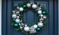 Simple white wreath with silver and green ornaments, hanging on a dark blue door, illuminated by natural daylight. AI generated [IBR125167426]