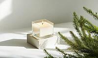Minimalist candle arrangement with a single white candle in a transparent holder, surrounded by green fir branches. AI generated [IBR125167427]