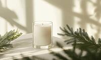 Minimalist candle arrangement with a single white candle in a transparent holder, surrounded by green fir branches. AI generated [IBR125167428]