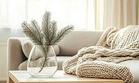 Minimalist Christmas living room with a single white fir branch in a transparent glass vase on a wooden coffee table. AI generated [IBR125167429]