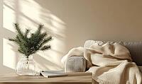 Minimalist Christmas living room with a single white fir branch in a transparent glass vase on a wooden coffee table. AI generated [IBR125167430]